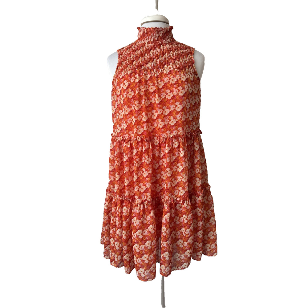 Taylor Women’s XS Boho Sheer Tiered Ruffle Floral Smocked High Neck Mini‎ Dress